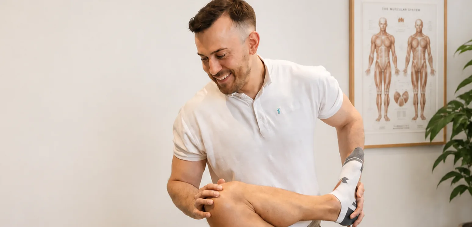 Josh Devine assessing a patient's limb during treatment